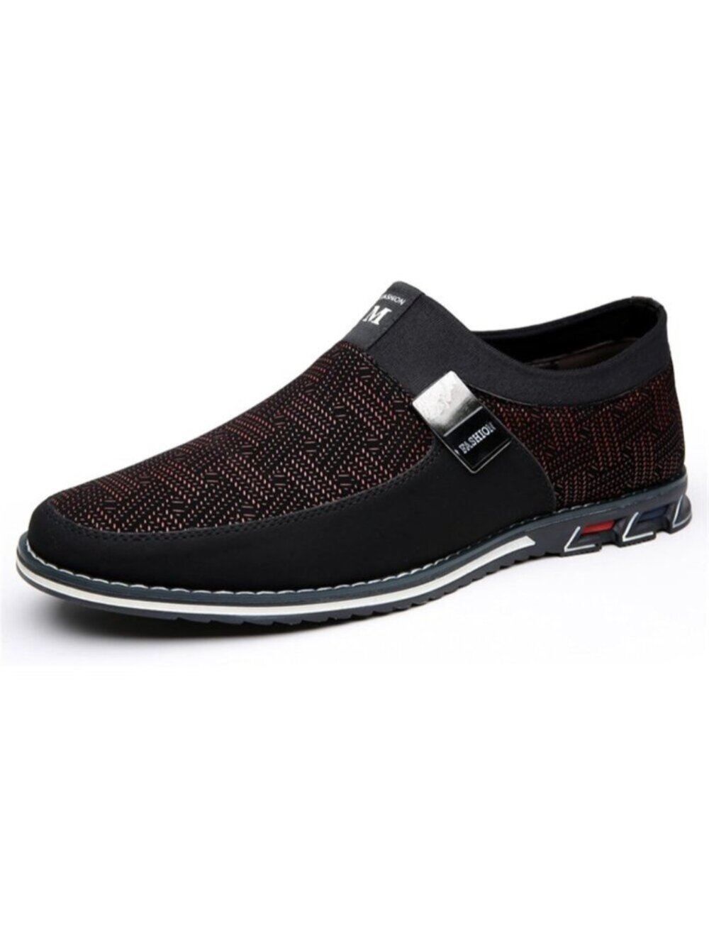 Men's Red Herringbone Tweed Slip-on Low-heel Silver Hardware Office Dress Loafer